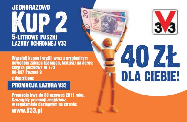 Promocja V33 - zwrot 40 zł przy zakupie Lazury ochronnej V33 w sieci marketów budowlanych OBI