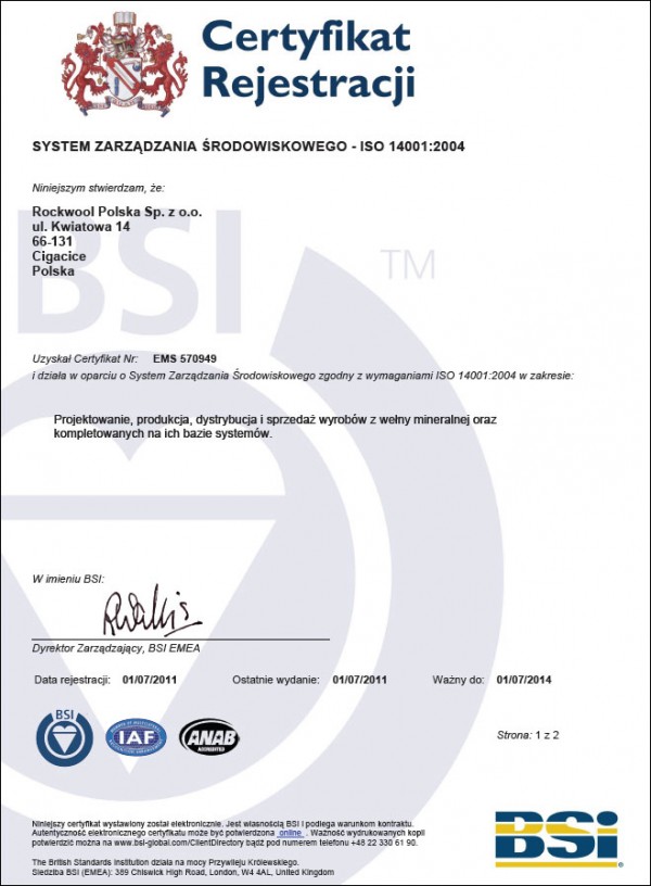 Rockwool Polska otrzymał certyfikat ISO 14001:2004