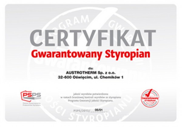 Certyfikat i Znak Jakości „Gwarantowany Styropian” dla Austrothermu