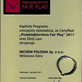 Inchem Polonia "Przedsiębiorstwem Fair Play" 2011