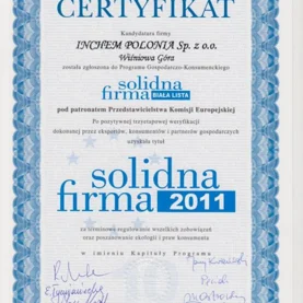 Certyfikat wiarygodności dla Inchem Polonia Sp. z o.o.