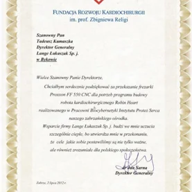 Lange Łukaszuk wspiera projekt budowania robota kardiochirurgicznego Robin Heart